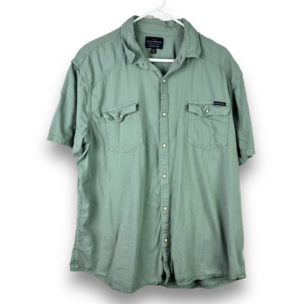 Lucky Brand Mens Sz XXL 2XL Washed Worn Pearl Snap Short Sleeve Button Up Shirt